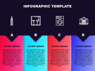 Set line Skyscraper, House plan, Washer and Online real estate house. Business infographic template. Vector