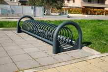 Empty Metal Bicycle Parking Rack On Sunny Day