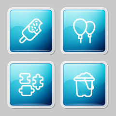 Sticker - Set line Ice cream, Balloons, Puzzle pieces toy and Sand in bucket icon. Vector