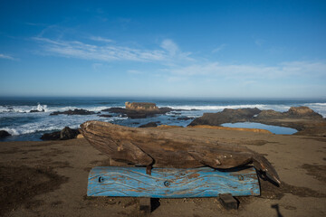 sign on Glass Beach in the Pacific Coast. Fort Bragg, California, usa