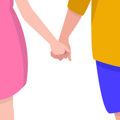 Flat design of young couple man and woman holding hand from back view with white background.