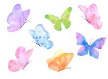 Watercolor Flying Butterfly Isolated On White. Pink, Green And Blue Insects Hand Painted Illustration. Set Of Butterflies In Different Poses.