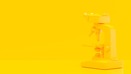 Yellow microscope in yellow lab. Space for banner and logo. Minimal and laboratory background concept, 3D Render.