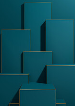 Dark Teal, Aqua Blue 3D Rendering Simple, Minimal, Geometric Background Product Display Pedestal Golden Lines For Luxury Products Wallpaper Template For Product Advertising
