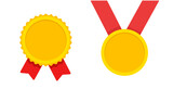 Fototapeta  - Medal gold award flat icon vector or blank empty golden achievement medallion hanging yellow with red ribbon isolated on white background cut out graphic illustration, winner 1st place trophy template