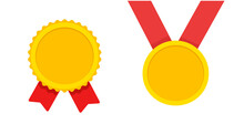 Medal Gold Award Flat Icon Vector Or Blank Empty Golden Achievement Medallion Hanging Yellow With Red Ribbon Isolated On White Background Cut Out Graphic Illustration, Winner 1st Place Trophy Template