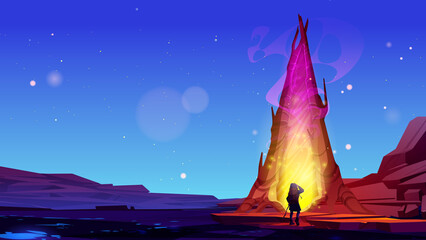 Wall Mural - man traveler walk to magic portal between tree trunks at night. vector cartoon fantasy illustration 