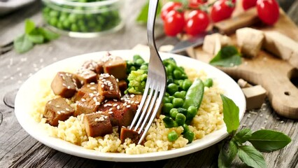 Poster - fried tofu with soy sauce and sesame, bulgur and green vegetable