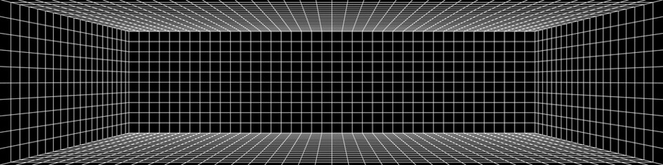 Wall Mural - 3d digital one point perspective grid room. white mesh on black background. empty indoor studio fram