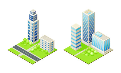 Canvas Print - Modern city houses set. Exterior of urban buildings isometric vector illustration