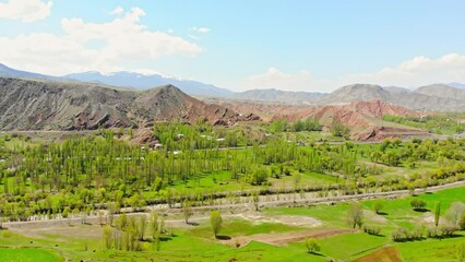 Wall Mural - Aerial fly over scenic spring panorama of blooming trees and mountains, countryside in Turkey, Erzurum region