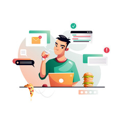 Wall Mural - the programmer eats fast food at the workplace. development of programming and coding technologies. 