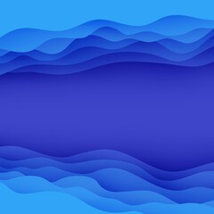 Wall Mural - Abstract background with water waves in paper cut style. 3d wallpaper with cut out deep wavy modern cover. Blue color layers with smooth shadow papercut art. Vector illustration, origami shapes