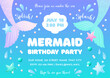 Birthday party invitation template. Cute illustration of mermaid tails, sea shells and star fish. Vector 10 EPS.