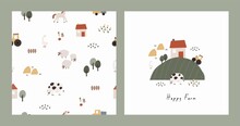 Cute Farm Pets Colorful Collection. Hand Drawn Vector Domestic Animals Set. Boho Seamless Pattern With Three, House, Horse, Goose, Cow, Sheep, Tractor, Cars, Vegetables. Village Landscape