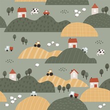 Cute Farm Pets Colorful Collection. Hand Drawn Vector Domestic Animals Set. Boho Seamless Pattern With Three, House, Horse, Goose, Cow, Sheep, Tractor, Cars, Vegetables. Village Landscape