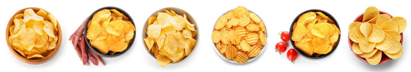 Canvas Print - Bowl with different tasty potato chips on white background, top view