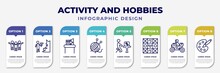 Infographic Template With Icons And 8 Options Or Steps. Infographic For Activity And Hobbies Concept. Included Aerobic, Mineral Collecting, Model Building, Yarn Ball, Insect Collecting, Quilt,