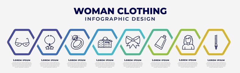 vector infographic design template with icons and 8 options or steps. infographic for woman clothing concept. included cat eyes glasses, star pendant, diamond ring, fashionable hand bag, bow black,