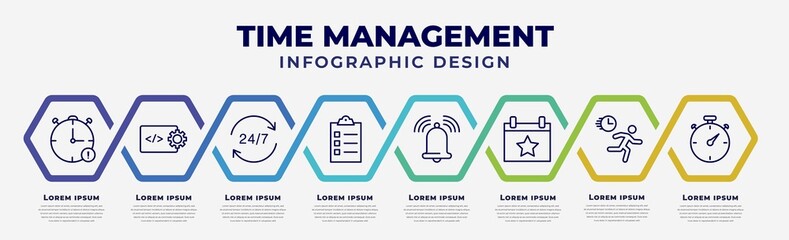 Wall Mural - vector infographic design template with icons and 8 options or steps. infographic for time management concept. included out of time, develop, 24/7, tasks, reminder, event, rush, time pressure.