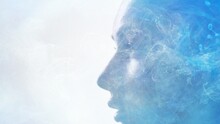 Spiritual Aura. Inner Peace. Enlightenment Mindfulness. Double Exposure Closeup Profile Silhouette Of Relaxed Woman Face With Blue Mist Cloud Isolated On White Copy Space.