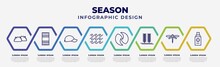 Vector Infographic Design Template With Icons And 8 Options Or Steps. Infographic For Season Concept. Included Bush, Beach Towel, Baseball Cap, Tide, Cyclone, Crops, Dragonfly, Sun Protection.