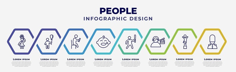 Wall Mural - vector infographic design template with icons and 8 options or steps. infographic for people concept. included woman carrying, boy with balloon, sitting man reading, crying baby, man attacking,