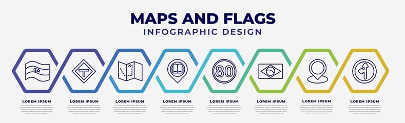 Sticker - vector infographic design template with icons and 8 options or steps. infographic for maps and flags concept. included flags, t road intersection, treasure map with x, reading zone, 80 speed limit,