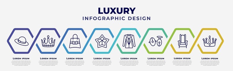 Wall Mural - vector infographic design template with icons and 8 options or steps. infographic for luxury concept. included bowler hat, princess, gift bag, stars, vest suit, cufflinks, throne, crown.