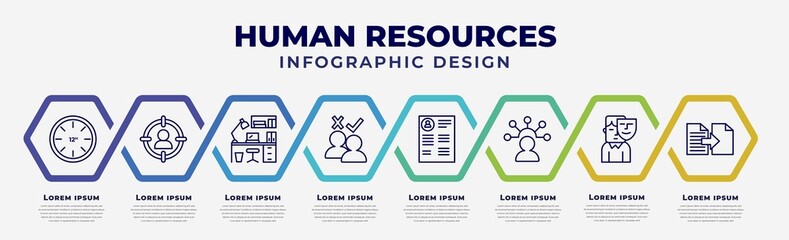 Wall Mural - vector infographic design template with icons and 8 options or steps. infographic for human resources concept. included 12 hours, target audience, office, selection process, curriculum vitae,