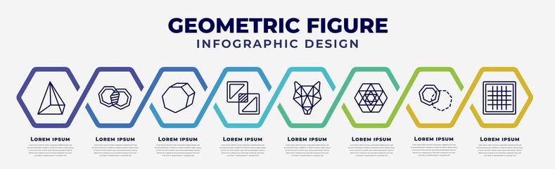 Sticker - vector infographic design template with icons and 8 options or steps. infographic for geometric figure concept. included prism, intersection, perspective, exclude, polygonal wolf head, triangle