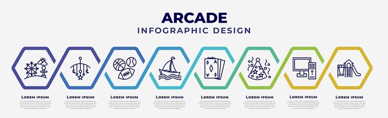 Wall Mural - vector infographic design template with icons and 8 options or steps. infographic for arcade concept. included amusement park, childhood, sports ball, sailing boat, ace of diamonds, party hat, pc,