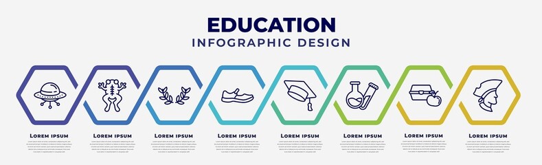 Wall Mural - vector infographic design template with icons and 8 options or steps. infographic for education concept. included ufo, frog, laurel wreath, shoe, graduation hat, test tubes, lunch, long john silver.