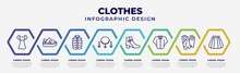 Vector Infographic Design Template With Icons And 8 Options Or Steps. Infographic For Clothes Concept. Included Chiffon Dress, Platform Sandals, Padded Vest, Jewelry, Ankle Boots, Denim Shirt,