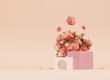 3D podium display, pastel beige background with Rose flower and palm leaf . Minimal pedestal for beauty, cosmetic product. Peach Fuzz is color trend of the Year 2024