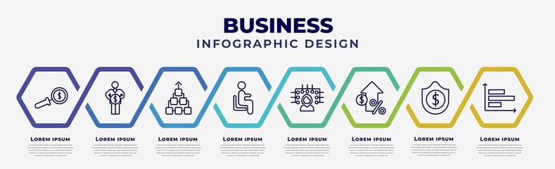 Wall Mural - vector infographic design template with icons and 8 options or steps. infographic for business concept. included dollar business search, man holding a big coin, item connections, sitting,