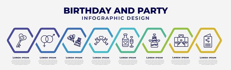 Wall Mural - vector infographic design template with icons and 8 options or steps. infographic for birthday and party concept. included love key, genders, happy birthday, love birds, wedding wine, wedding cake,