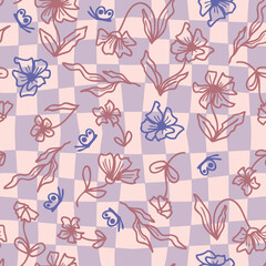 Pychedelic eamless pattern with flowers and butterflies on grid distorted background. Groovy  summer print for fabric, paper, T-shirt. Floral doodle vector illustration for decor and design.