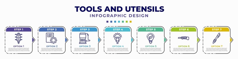 infographic template with icons and 7 options or steps. infographic for tools and utensils concept. included semaphore lights, program tings, fuel oil bomb service, incandescent, eco light bulb,