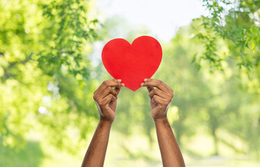 Wall Mural - charity, love and health concept - close up of hands holding red heart over green natural background
