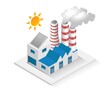 Isometric design concept illustration. factory building with chimney equipped with solar energy panels