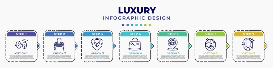 infographic template with icons and 7 options or steps. infographic for luxury concept. included cufflinks, dressing table, tuxedo, handbag, jewelry store, gems, ruby editable vector.