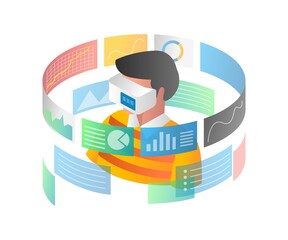 Aufkleber - Flat isometric illustration concept. man analyzing data with vr