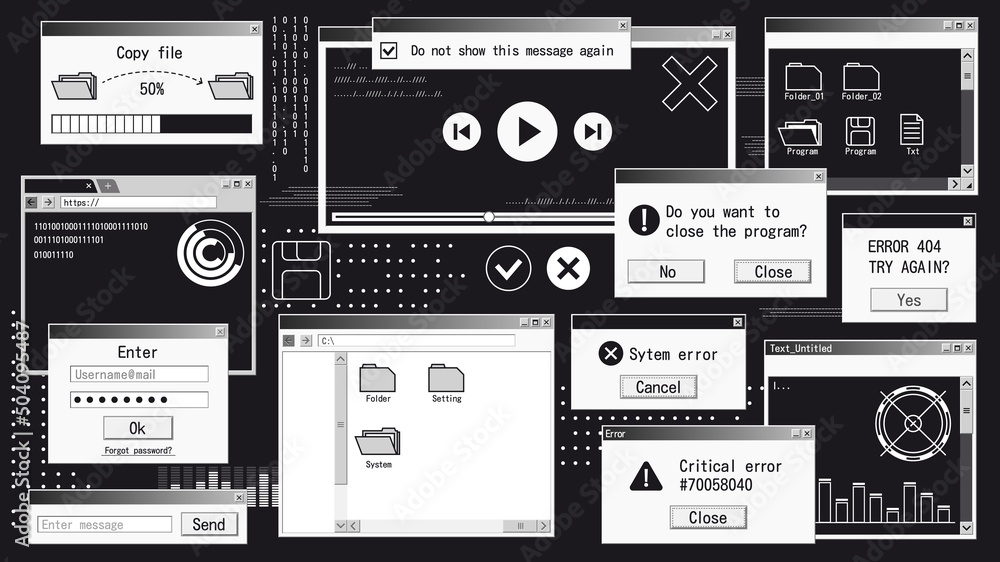 Retro futuristic system. Computer interface with web browser, file ...