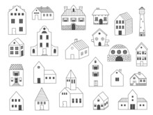 Doodle House. Cute Cabin Wooden Building, Funny Hand Drawn Cottage And Barn Sketch. Vector Village Rural Household Isolated Set