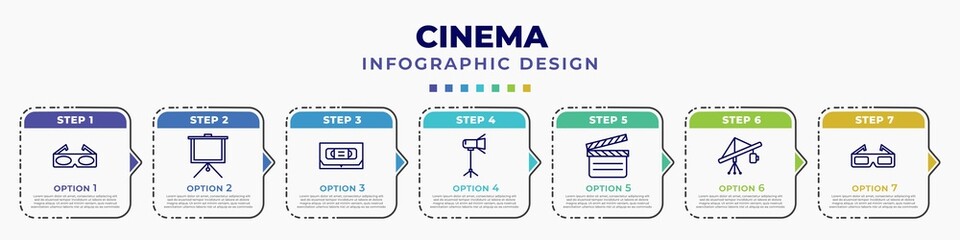 Wall Mural - infographic template with icons and 7 options or steps. infographic for cinema concept. included old 3d glasses, fabric for movies, inclined videocaste, movie light, movie clapper, jimmy jib, 3d