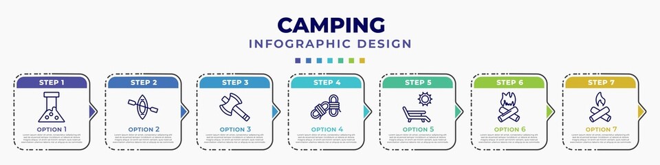 Sticker - infographic template with icons and 7 options or steps. infographic for camping concept. included flask, canoe, axes, rope, deck chair, bonfire, campfire editable vector.