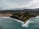 Fototapeta Mapy - Panoramic aerial view on cliffs, beach, houses, streets and old fisherman's harbour with lighthouse in Cassis, Provence, France