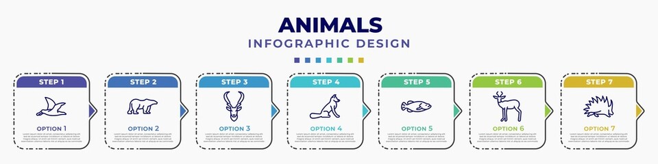 Canvas Print - infographic template with icons and 7 options or steps. infographic for animals concept. included albatross, polar bear, elk, fox sitting, big fish, antelope, porcupine editable vector.