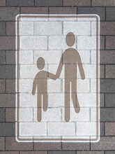 Image Of Sign Or Symbol For Pedestrians At The Tiled Road